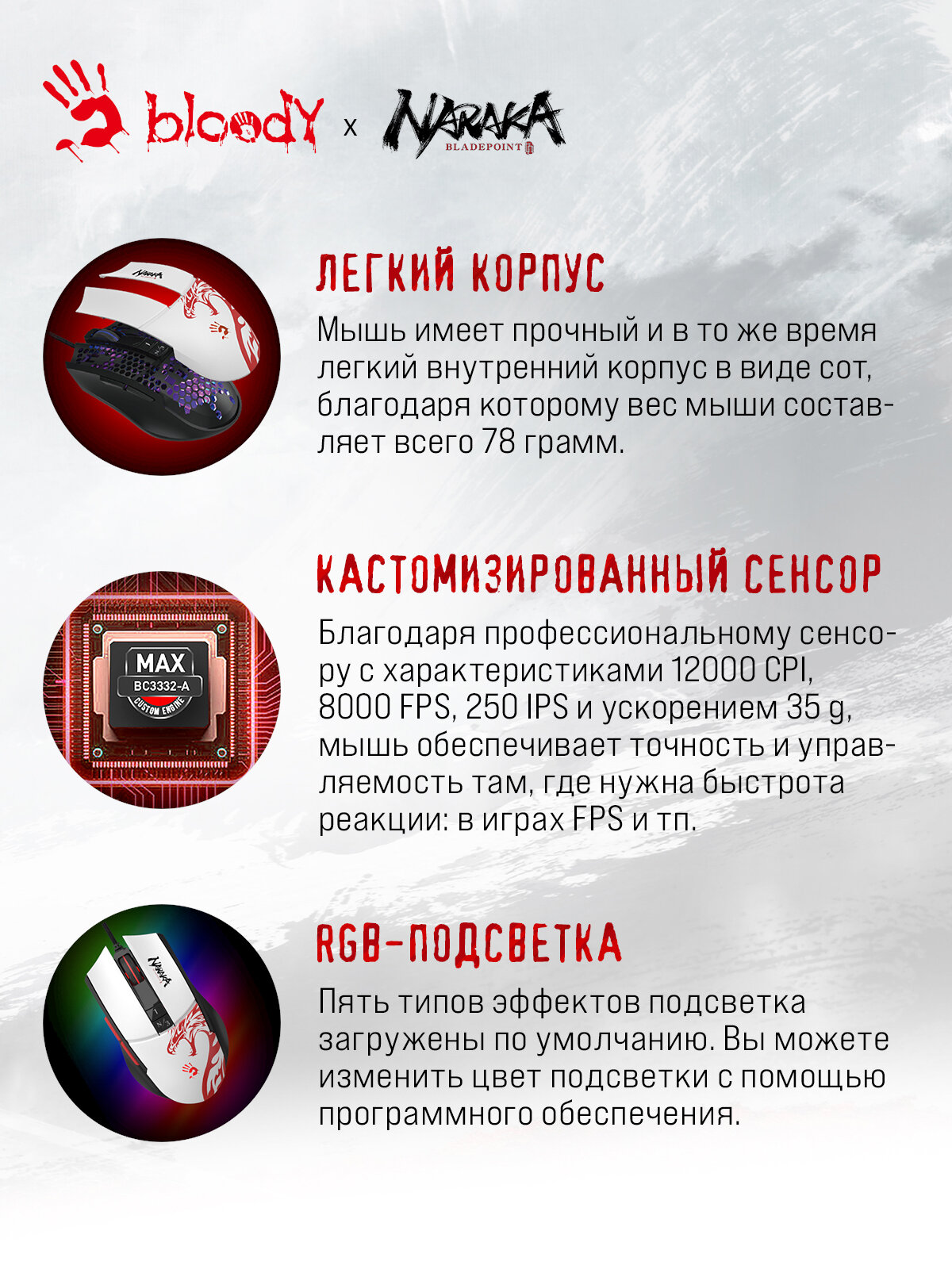 Мышь A4Tech Bloody L65 Max белый/рисунок оптическая (12000dpi) USB (6but) — фото 1