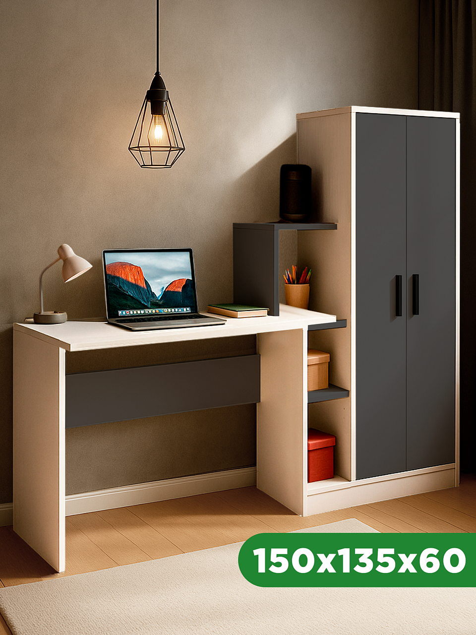 Стол компьютерный письменный для школьника прямой стол с полками и шкафом Виво-1 150х60х135 см Белый/Антрацит