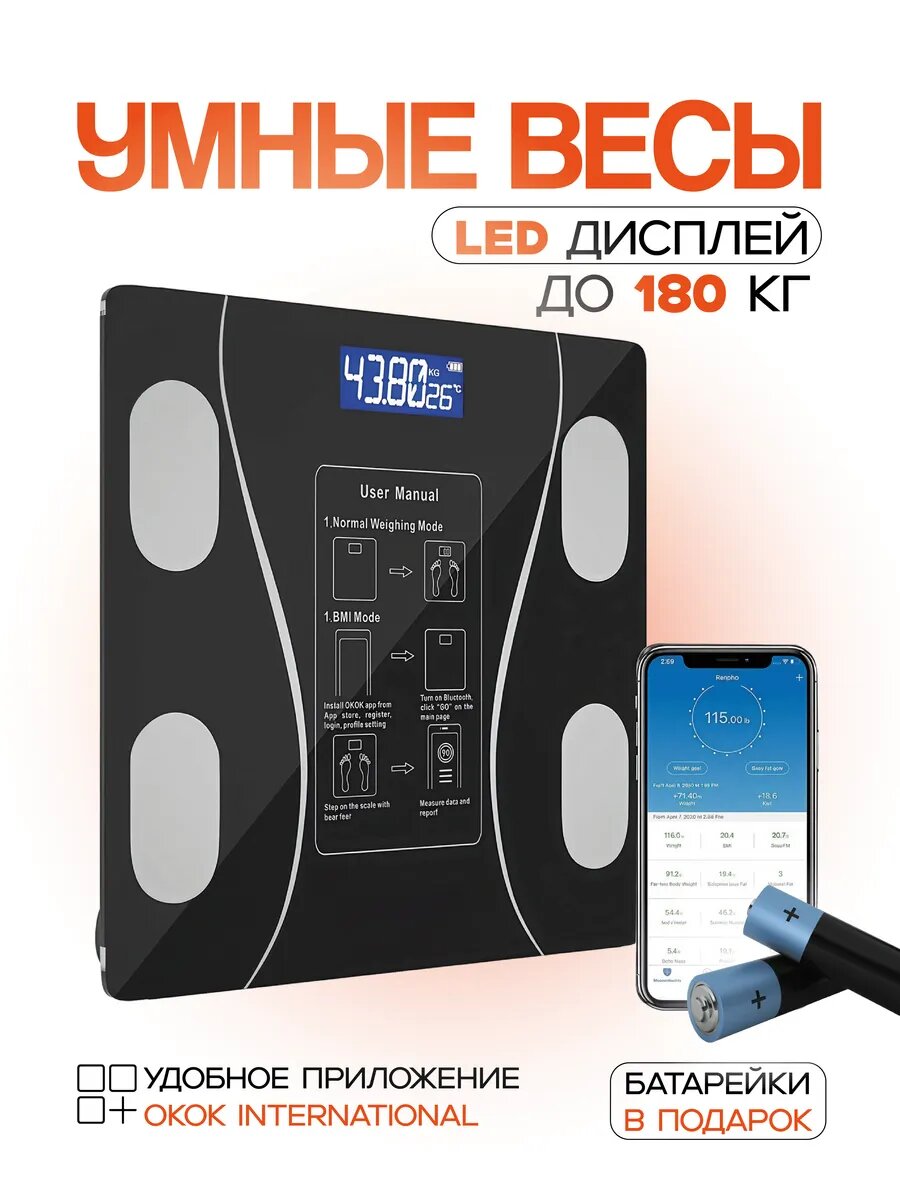 Весы умные напольные, электронные с приложением для дома, до 180 кг