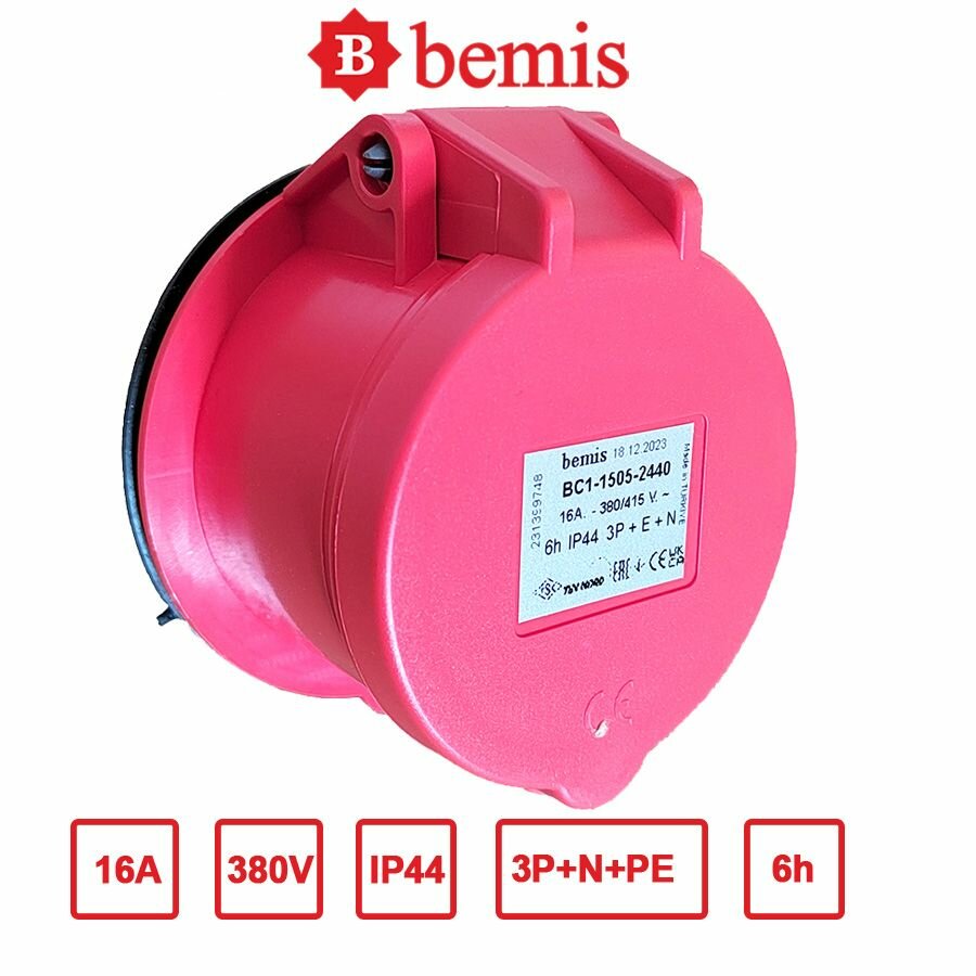 Розетка панельная CEE, безвинтовая, 16A, 5P, IP44, 6h, Bemis, BC1-1505-2440