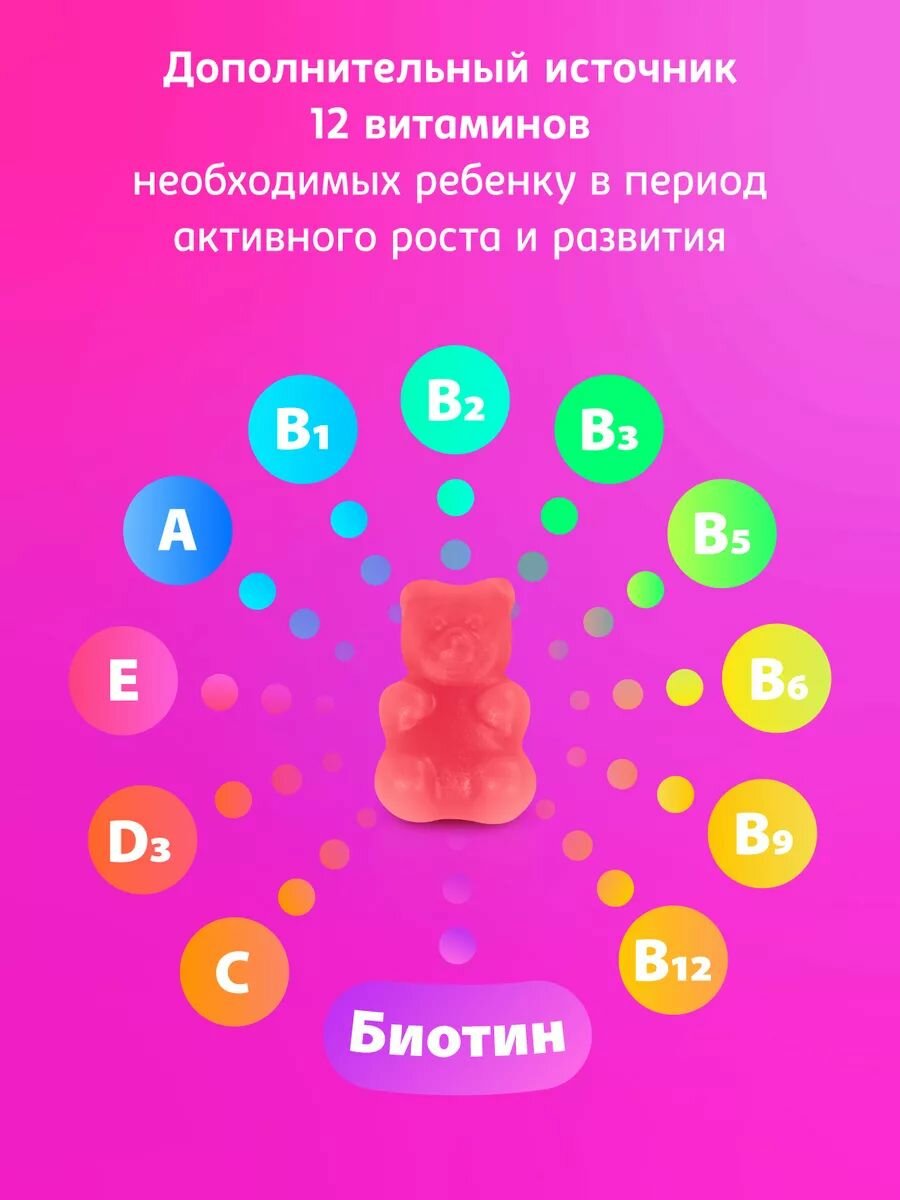 Детские витамины, Fortevit Kids, витаминный комплекс для детей, мармеладные мишки Актив, жевательные со вкусом Клубника/Банан, 60 штук — фото 1