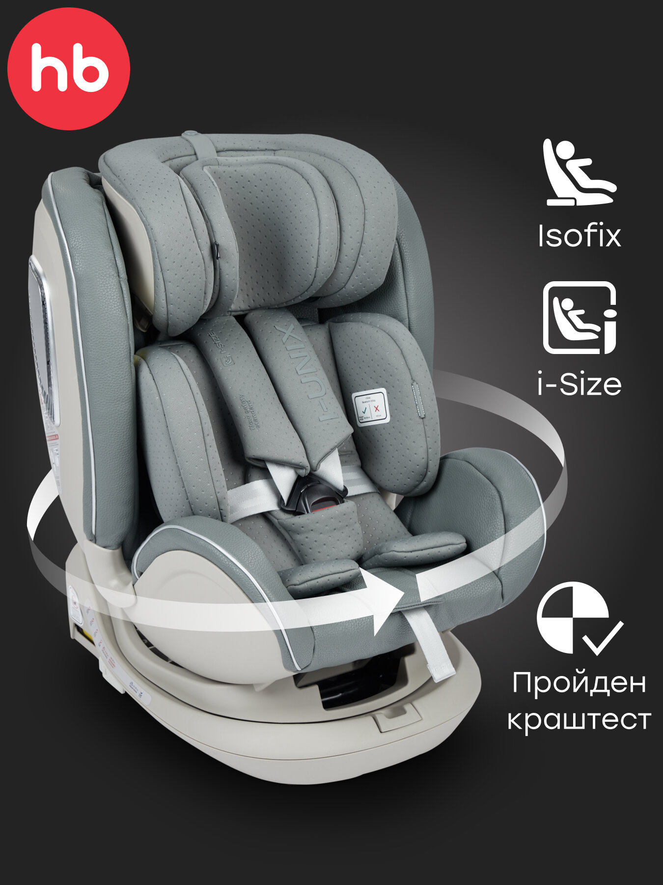 Автокресло детское от 0-12 лет, поворот на 360, I-Unix Happy Baby, группа 0+/1/2/3 (0-36 кг), экокожа, темно-зеленое