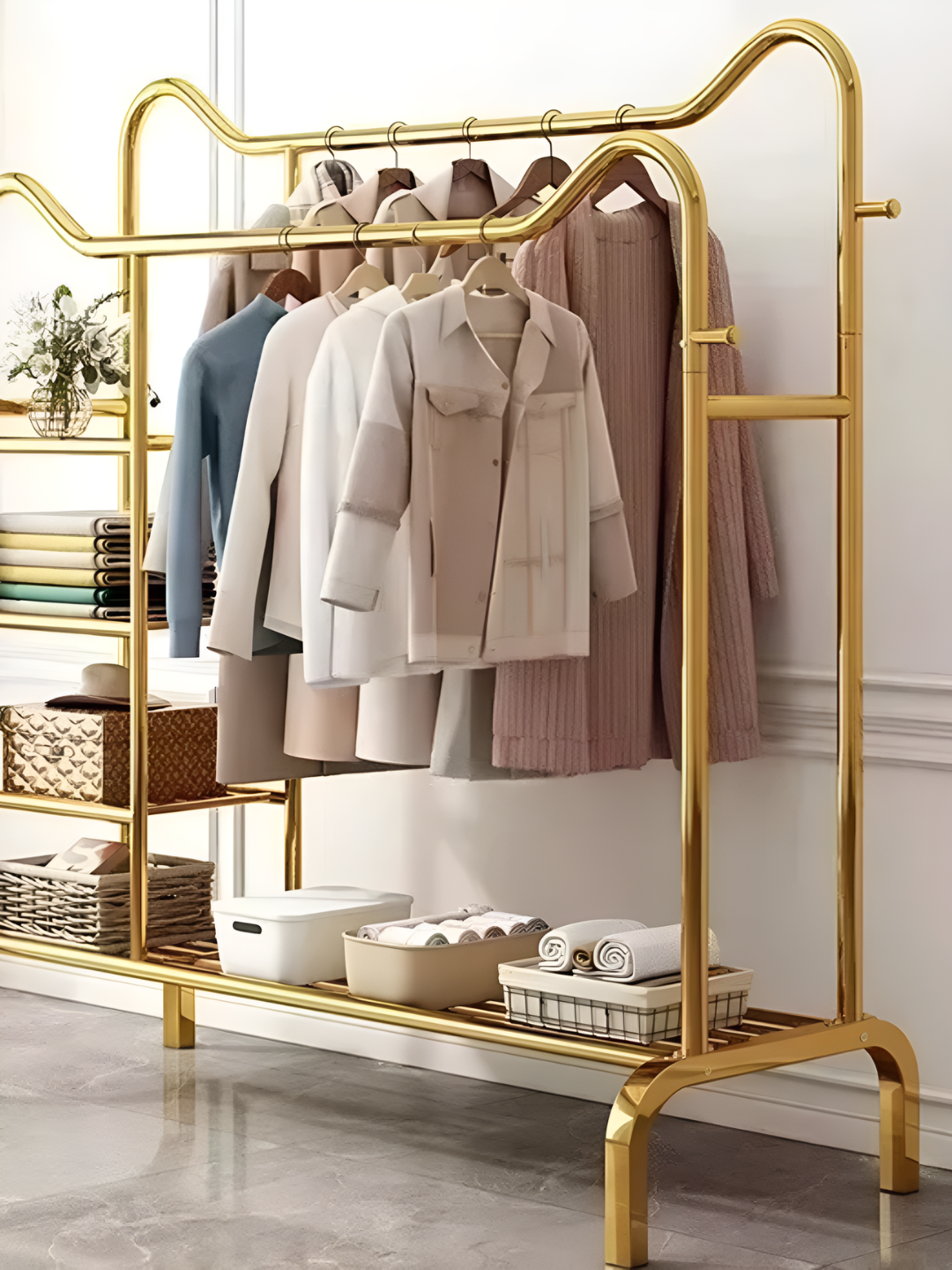 Прочная металлическая вешалка с полкой для обуви, без колес, для дома