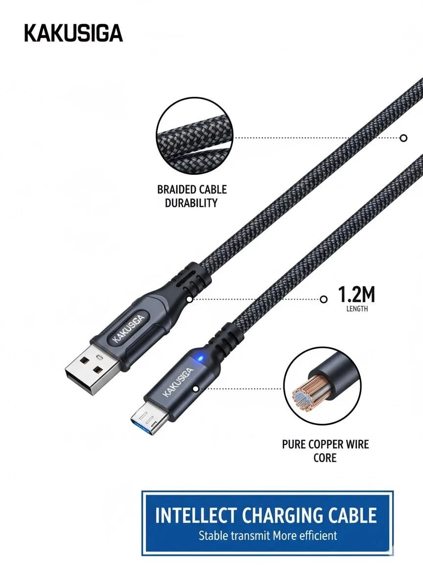 Кабель KAKUSIGA "Indicator", для USB-micro, быстрозажимной, 2.4A, черный, 1 м
