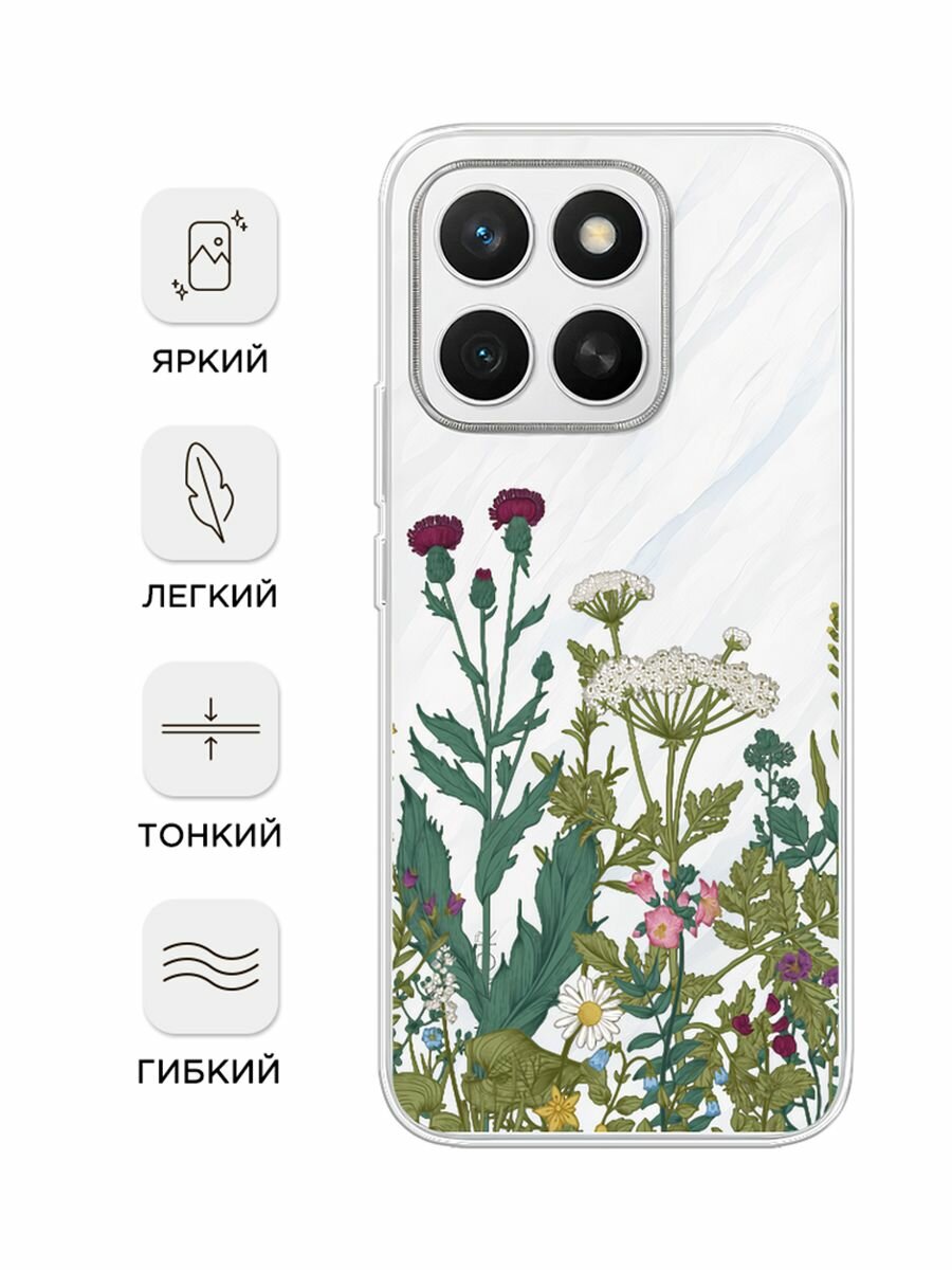 Чехол на Honor X8c / Хонор X8c с принтом "Дикие полевые цветы", прозрачный — фото 1