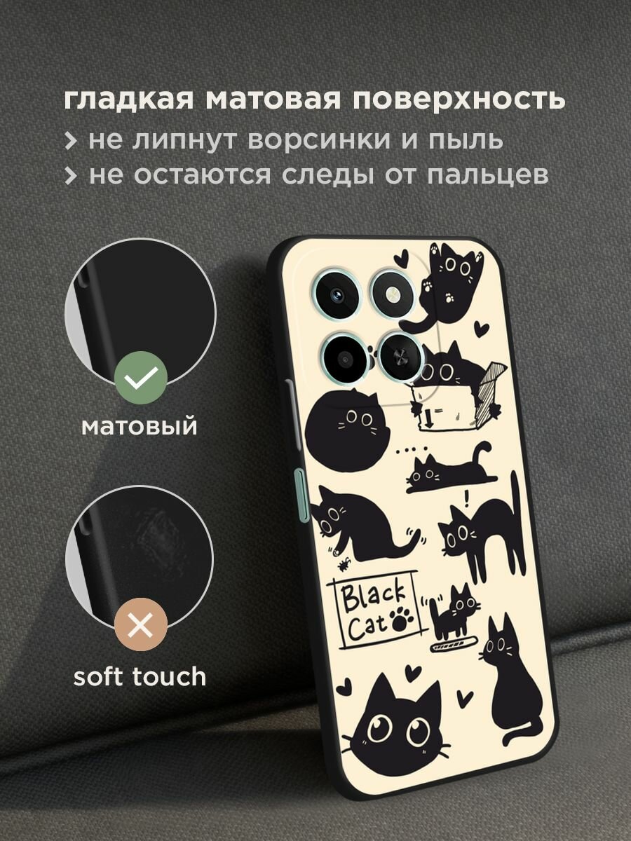 Черный матовый чехол на Honor X6c / Хонор X6c с принтом "Чёрный котик рисунки" — фото 1