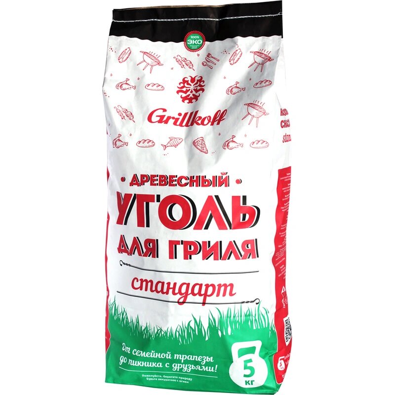 Уголь древесный для гриля Стандарт, пакет 5кг. из твердых лист, пород 2