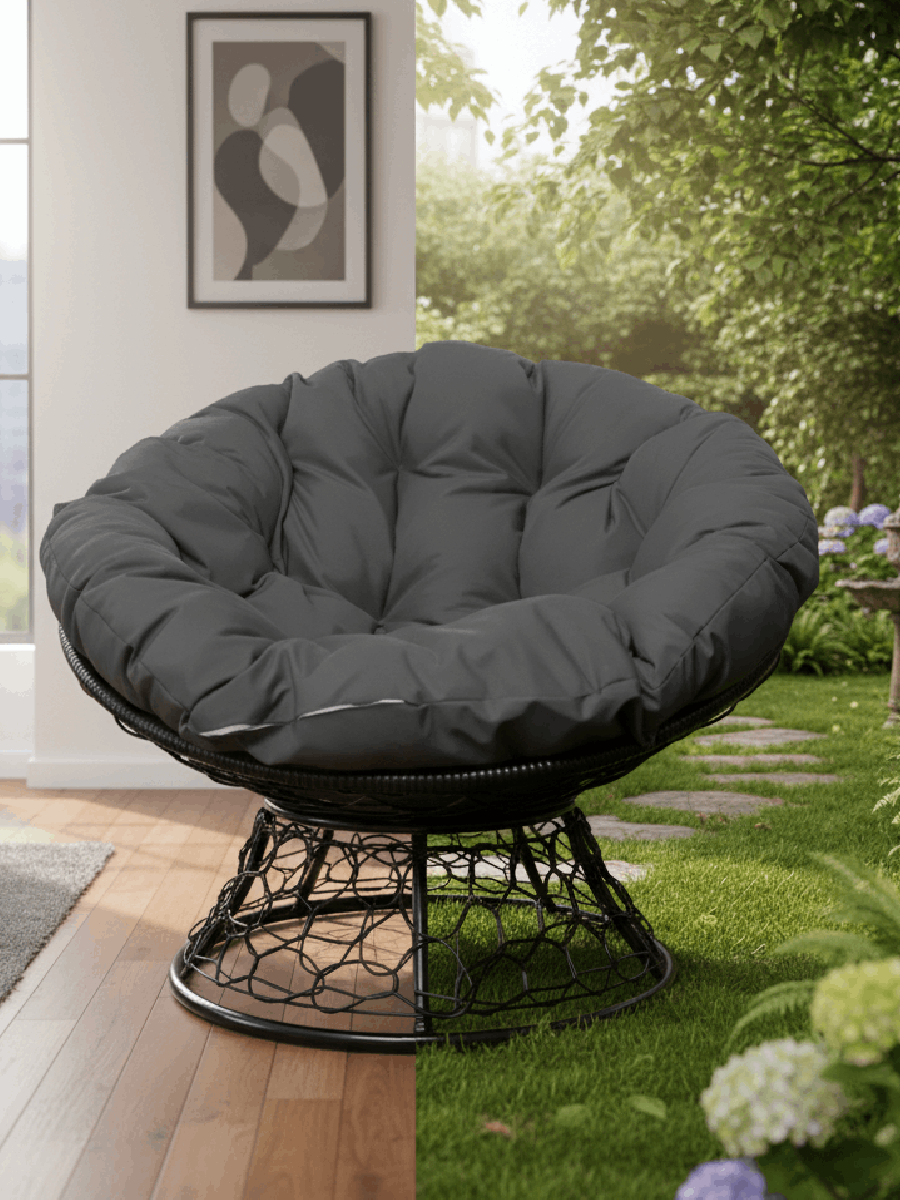 Кресло для дачи Папасан с ротангом, чёрный каркас, серая подушка 98×98×75 — фото 1