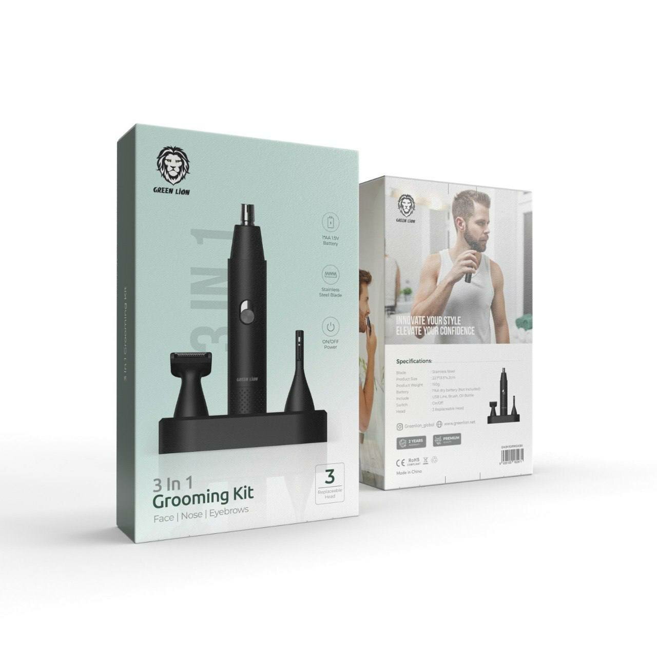 Green Lion 3-in-1 Grooming Kit — триммер для носа, лица и бровей, 3 насадки
