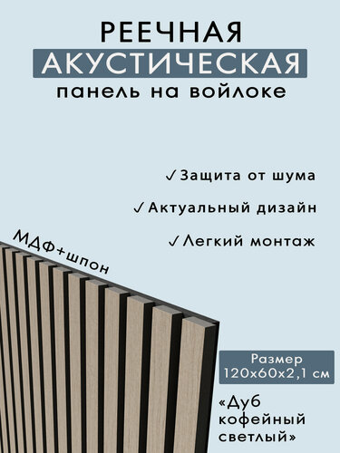 Изображение товара Акустическая панель, черный войлок, 1200х600х21мм, рейки МДФ, шпон дуб кофейный светлый. INDECO