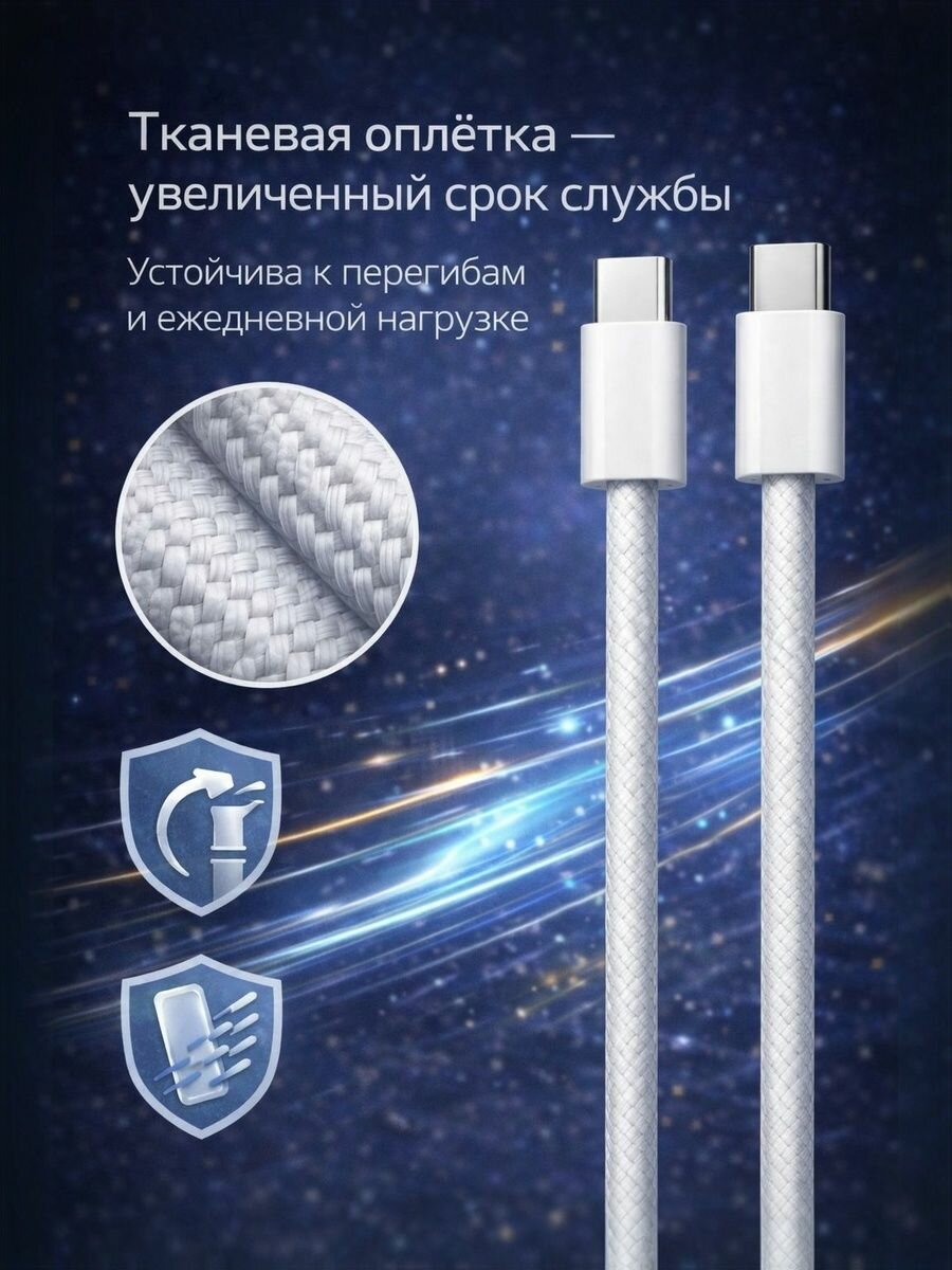 Провод Type-C - Type-C 60 W 2 метр Белый быстрая зарядка для iPhone 15,16, 17, Samsung, Xiaomi и других устройств — фото 1