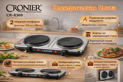 Изображение товара Электрическая настольная плита Cronier CR-8369 с двумя чугунными конфорками