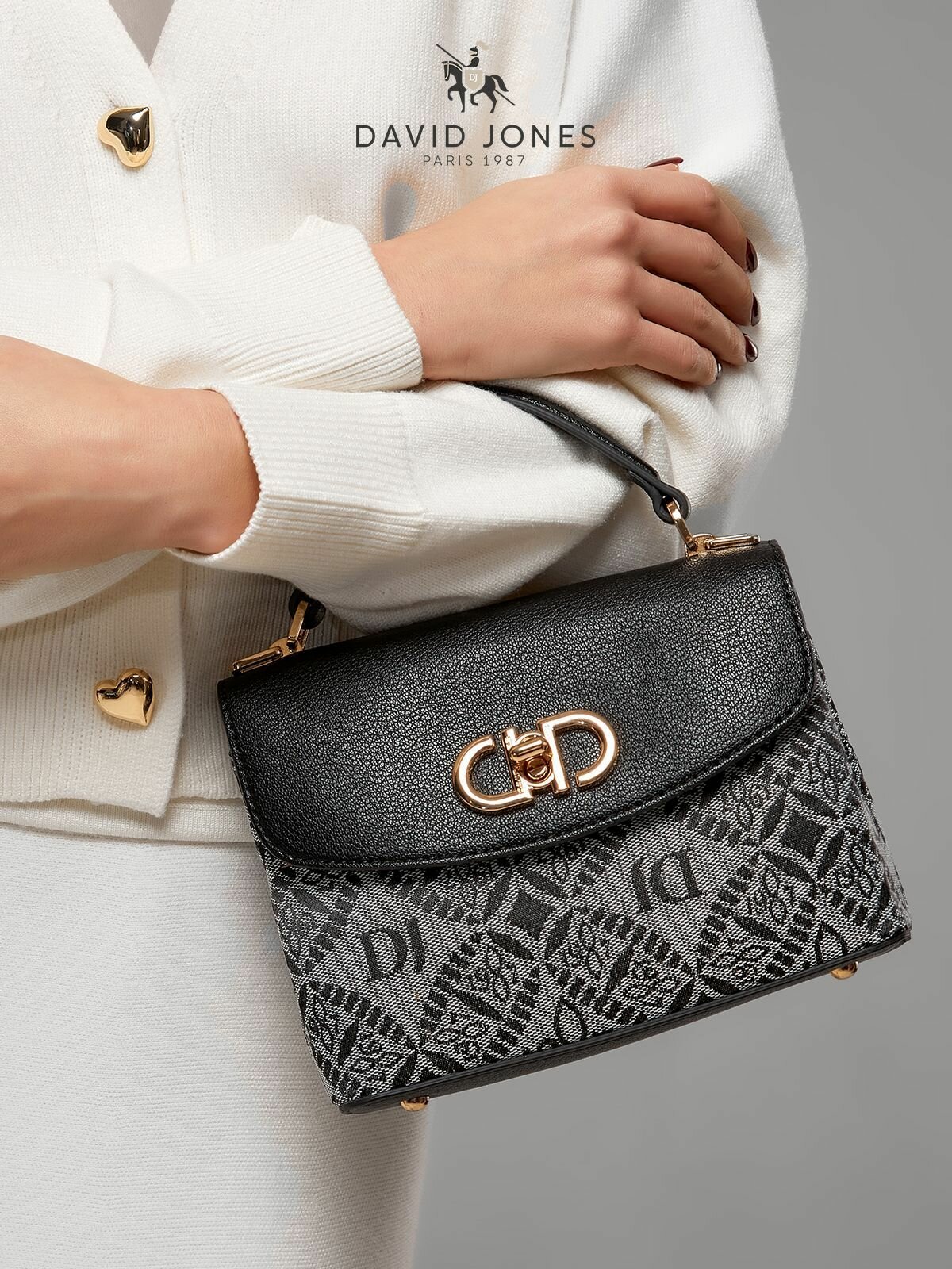 Сумка клатч DAVID JONES, фактура гладкая, черный, серый — фото 1