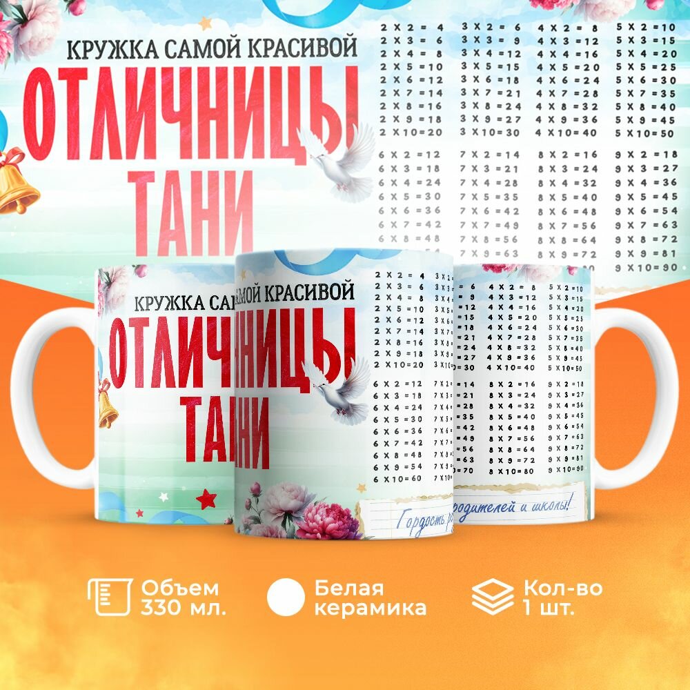Кружка, "Самой красивой отличницы Тани", на день рождения дочки, в подарок для девочки, внучки с таблицей умножения 330 мл