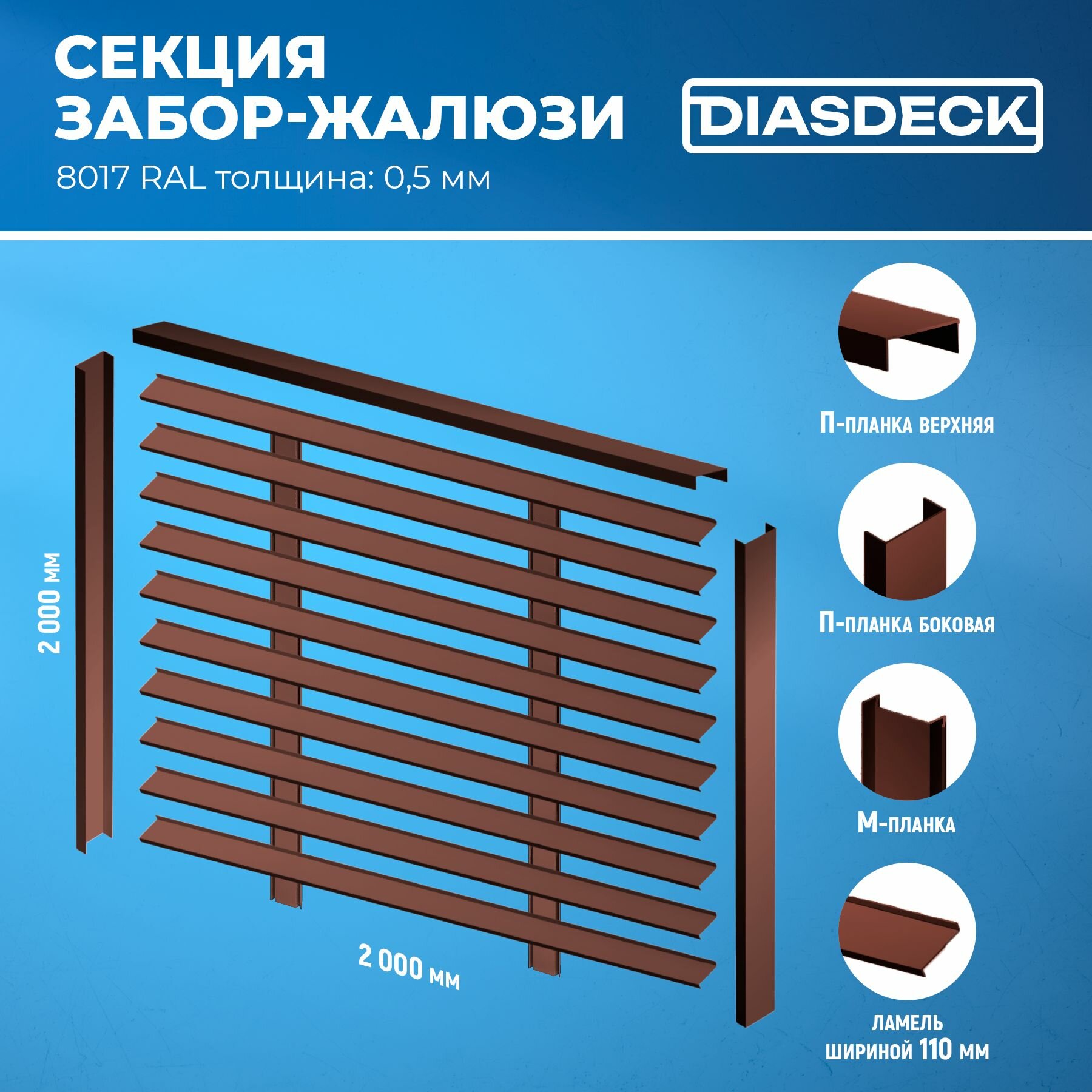 Забор-жалюзи, тип Z, секция 2х2 м RAL 7024 серый графит 0,5 мм