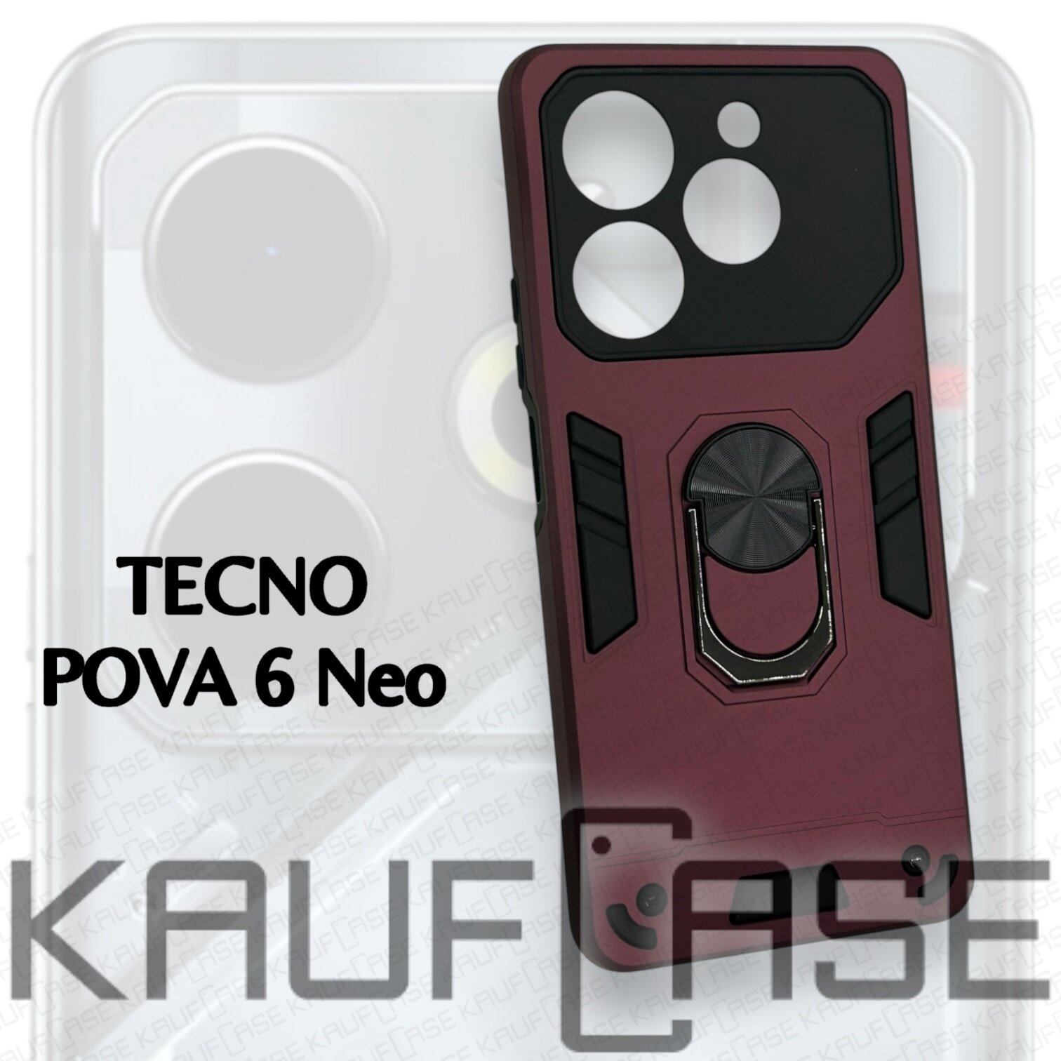 Противоударный чехол на Tecno Pova 6 NEO (6.78"), бордовый. Кольцо-держатель и магнитное крепление, яркие пластиковые защитные вставки — фото 1