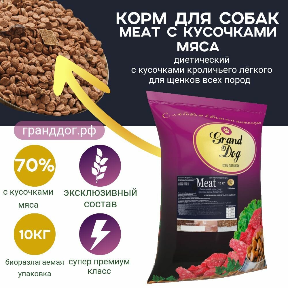 Meat с кусочками кроличьих мясопродуктов (легкое и рубец) для щенков всех пород 10кг