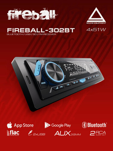 Изображение товара Автомобильный USB/SD ресивер AurA FIREBALL-302BT / 2xUSB, синяя подсветка