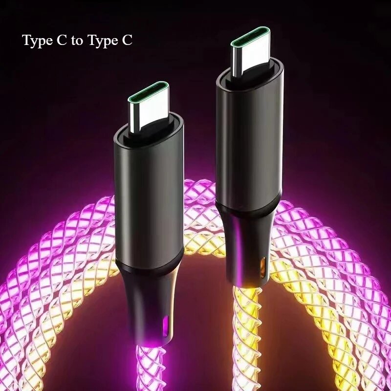 RGB 66W Тип C Кабель 6A Быстрая зарядка USB Цветной RGB Линейный зарядный кабель для iPhone Samsung Xiaomi Huawei USB-кабель для передачи данных, USB to Type C, 1 м — фото 1