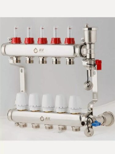 Изображение товара Комплект коллекторов AV Engineering для теплого пола и водоснабжения на 5 контуров с расходомерами (AVE13600105)