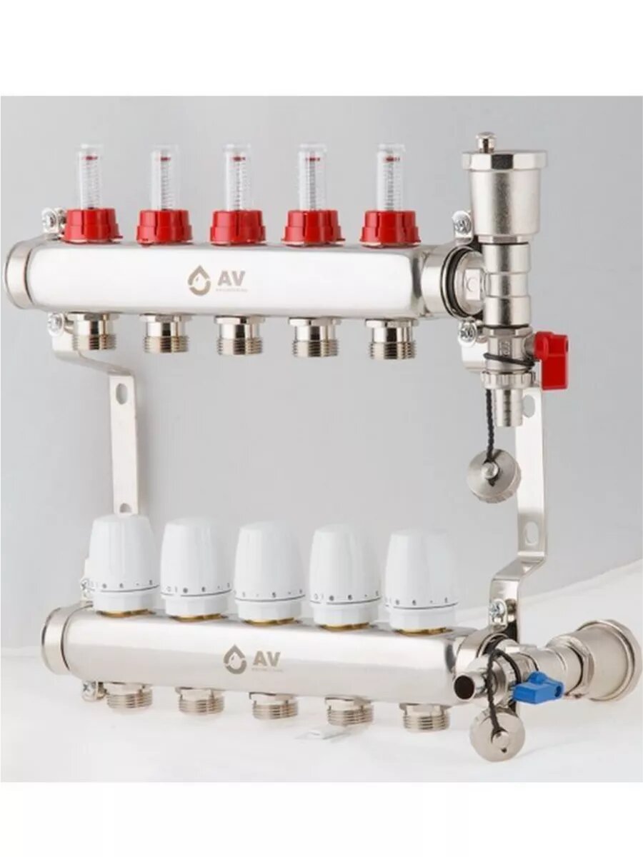 Комплект коллекторов AV Engineering для теплого пола и водоснабжения на 5 контуров с расходомерами (AVE13600105)