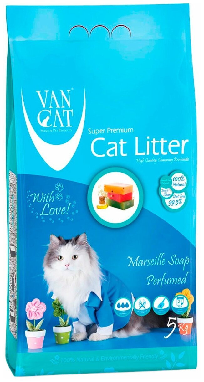 VAN CAT MARSILLA SOAP наполнитель комкующийся для туалета кошек с ароматом марсельского мыла (5 кг)