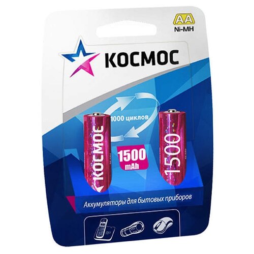 Аккумулятор Ni-Mh 1500 мА·ч 1.2 В КОСМОС R6NIMH 1500MAH, в упаковке: 2 шт. аккумулятор ni mh 2300 ма·ч energizer charger 1 hour aa 2300mah в упаковке 1 шт