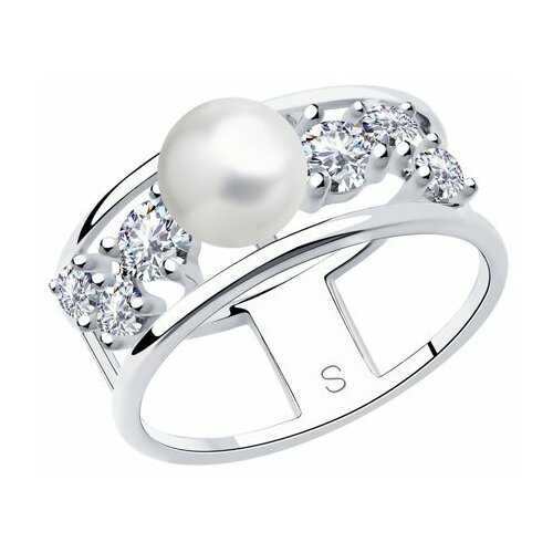 Кольцо Diamant online, серебро, 925 проба, жемчуг, фианит, размер 17, белый