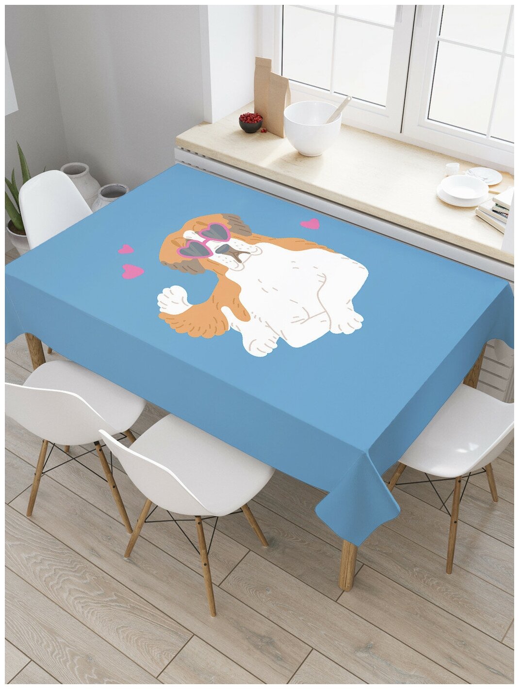 Прямоугольная водоотталкивающая тканевая скатерть на стол JoyArty с рисунком "Деловой пес" 145 на 180 см