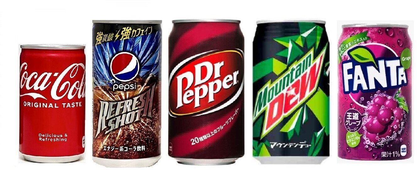 Набор газированных напитков Pepsi-Cola, Coca-Cola, Fanta Grape, Mountain Dew, Dr. Pepper, ж/б ( 5 шт.). Япония.