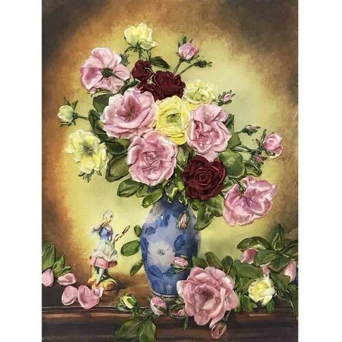 Розы в голубой вазе(цена производителя)27х35см. Набор для вышивки лентами Многоцветница