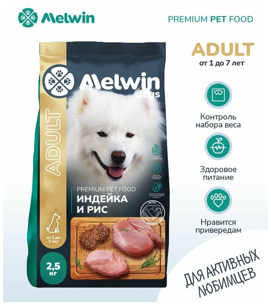 Melwin сухой корм для собак от 1 до 7 лет с индейкой и рисом, 2,5 кг