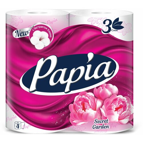 Бумага туалетная Papia "Secret Garden", 3-слойная, 4шт, ароматизир, розов. тиснение, белый, 2 штуки
