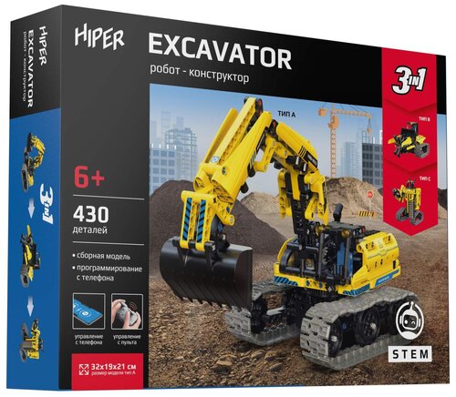 Конструктор HIPER Конструктор экскаватор на пульте управления 3 в 1 HIPER STEM EXCAVATOR HBB-0033 430 деталей, 430 дет.