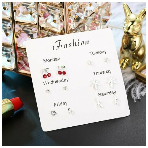 Комплект серег, размер 10 мм, красный, серебряный, белый, бордовый