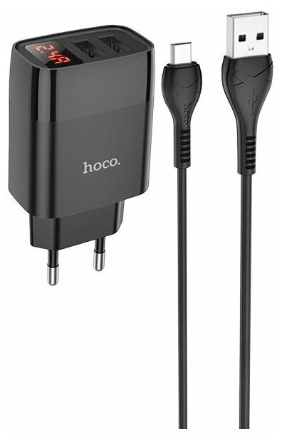 Сетевое зарядное устройство (СЗУ) Hoco C86A (2 USB) + кабель MicroUSB, 2.4 А, черный