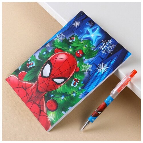 фото Marvel канцелярский набор "с новым годом", блокнот а5, ручка, наклейки, человек-паук