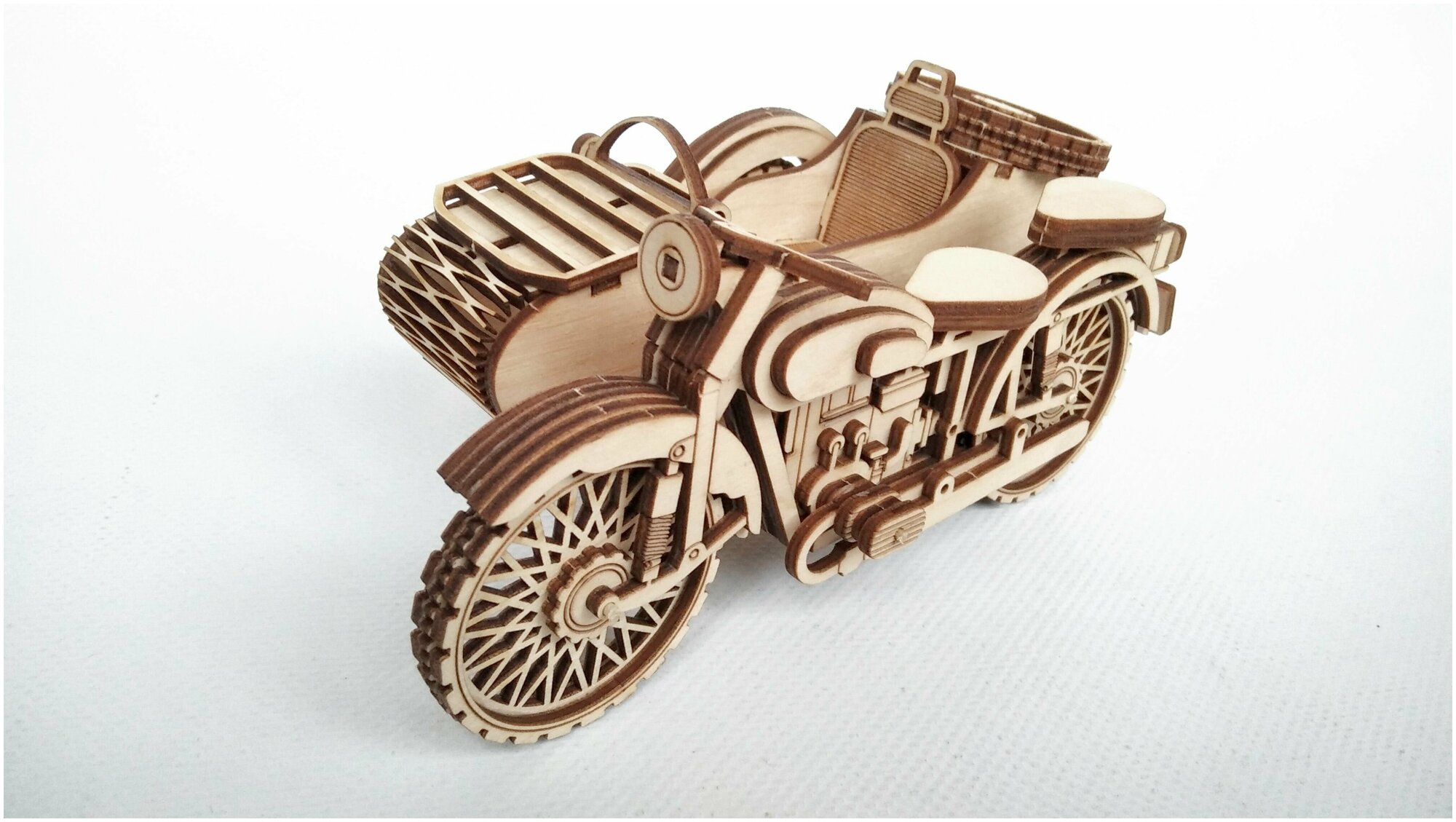 Деревянный конструктор Сборная модель Мотоцикл урал с коляской - 18х10х8,5 см