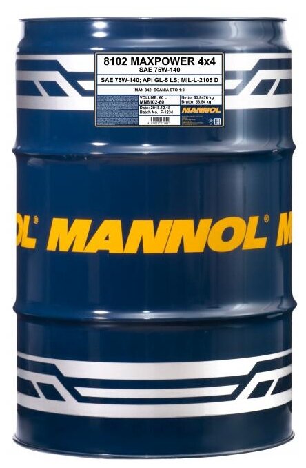 MANNOL MN8102-60 8102-60 MANNOL MAXPOWER 4x4 75W140 Синтетическое трансмиссионное масло 75W-140 60л 1шт