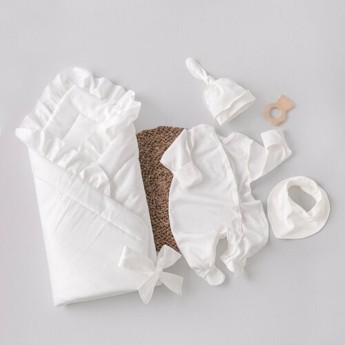фото Комплект одежды kidi, одеяло и комбинезон и шапка и нагрудник, нарядный стиль, размер 16, бежевый, белый