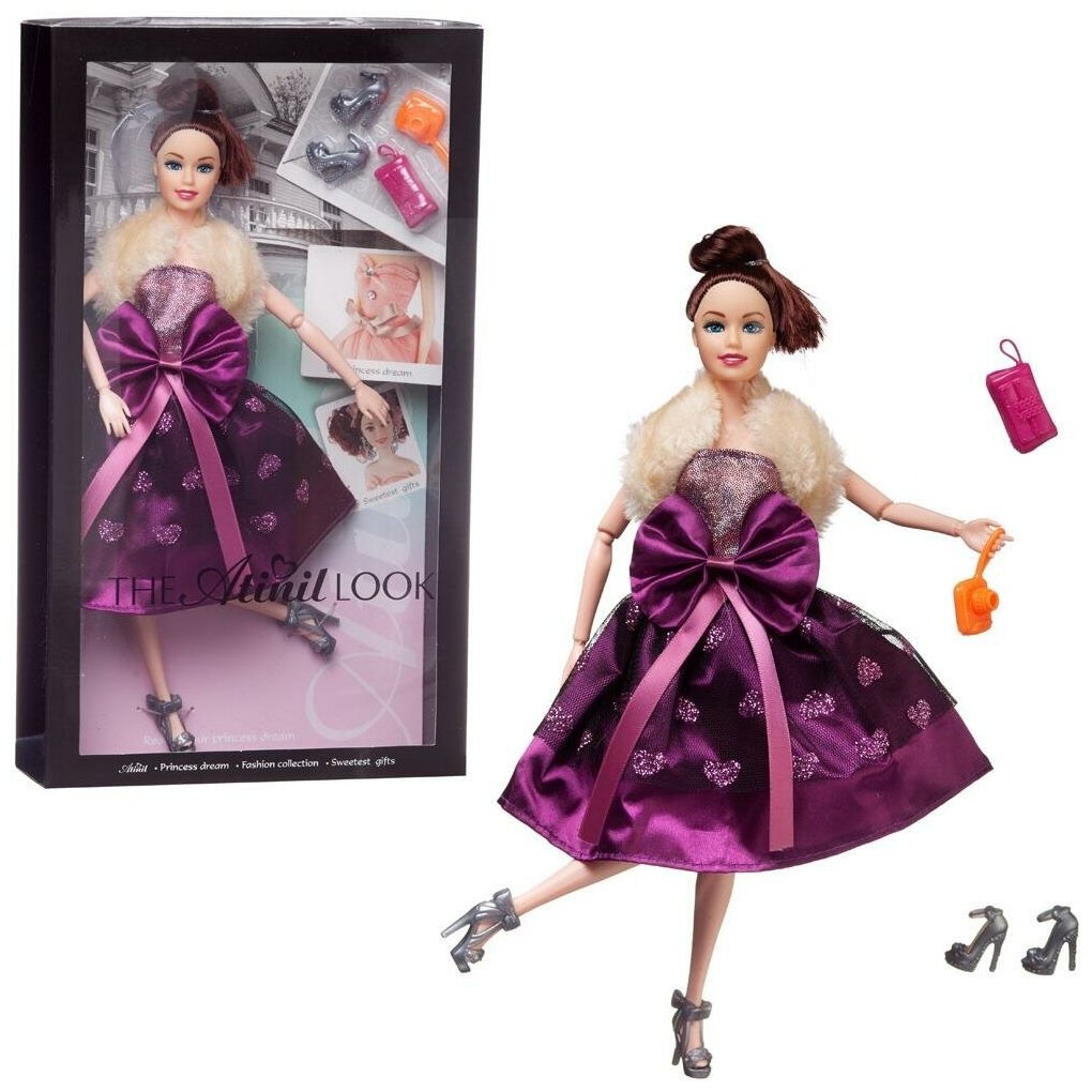 Кукла Junfa Atinil (Атинил) Модный показ (в сиреневом платье с меховой накидкой) в наборе с аксессуарами, 28см WJ-21561/сиреневое