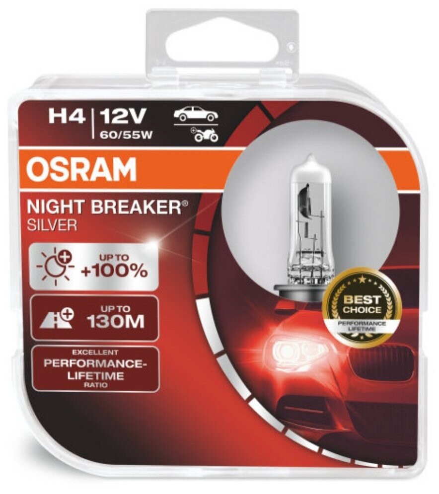 Комплект Ламп OSRAM H4 12V 60/55W NIGHT BREAKER SILVER +100% 64193NBS (2шт)
