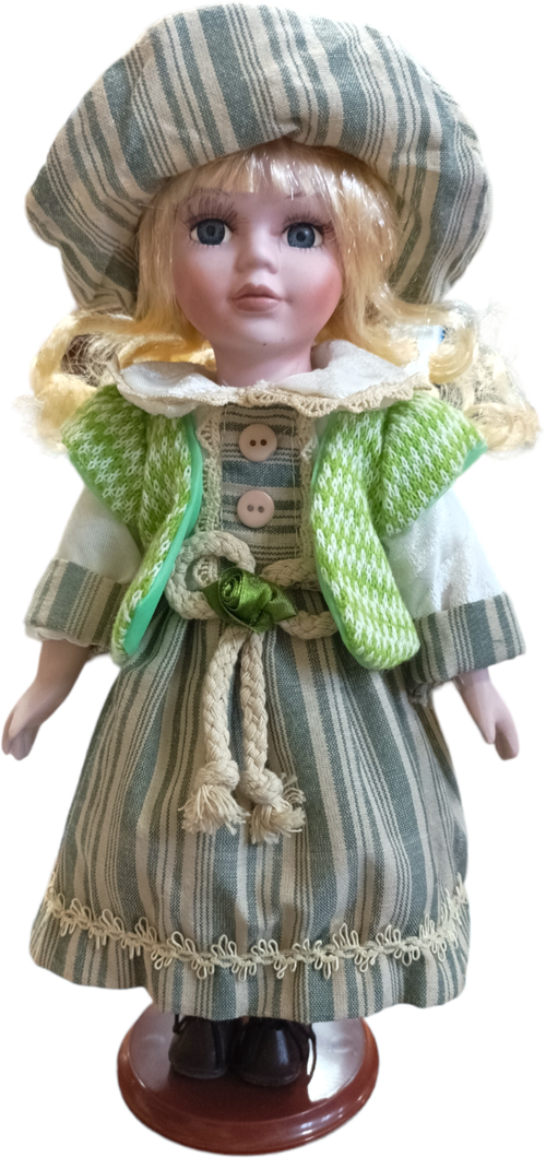 Фарфоровая коллекционная кукла в красивом платье жилетке и шляпке 30 см /кукла из фарфора и текстиля на подставке зеленое платье