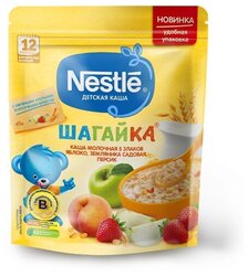 Каша Nestlé молочная Шагайка 5 злаков с кусочками яблока, земляники садовой и персиком, с 12 месяцев, 200 г, дойпак