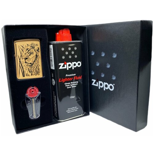 Подарочный набор ZIPPO ( Зажигалка ZIPPO 204B Proud Lion, золотистая, с покрытием Brushed Brass + кремни + топливо, 125 мл )