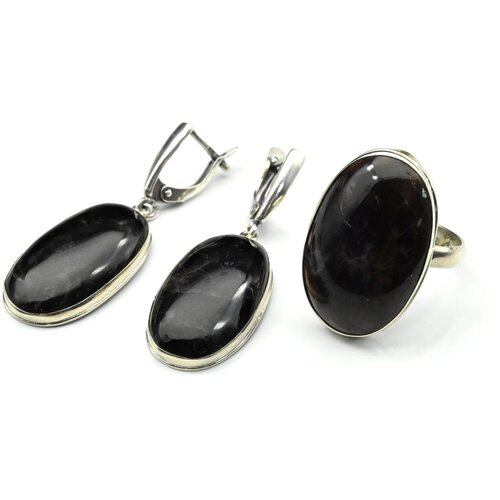 Комплект бижутерии Радуга Камня: серьги, кольцо, морион, размер кольца 18, черный