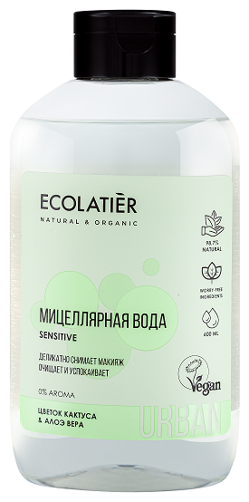 ECOLATIER Мицеллярная вода для снятия макияжа для чувствительной кожи цветок кактуса & алоэ вера, 600 мл