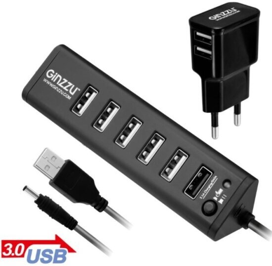 Разветвитель USB Ginzzu GR-315UAB 7 портов (1xUSB 3.0 + 6xUSB 2.0 + адаптер) черный