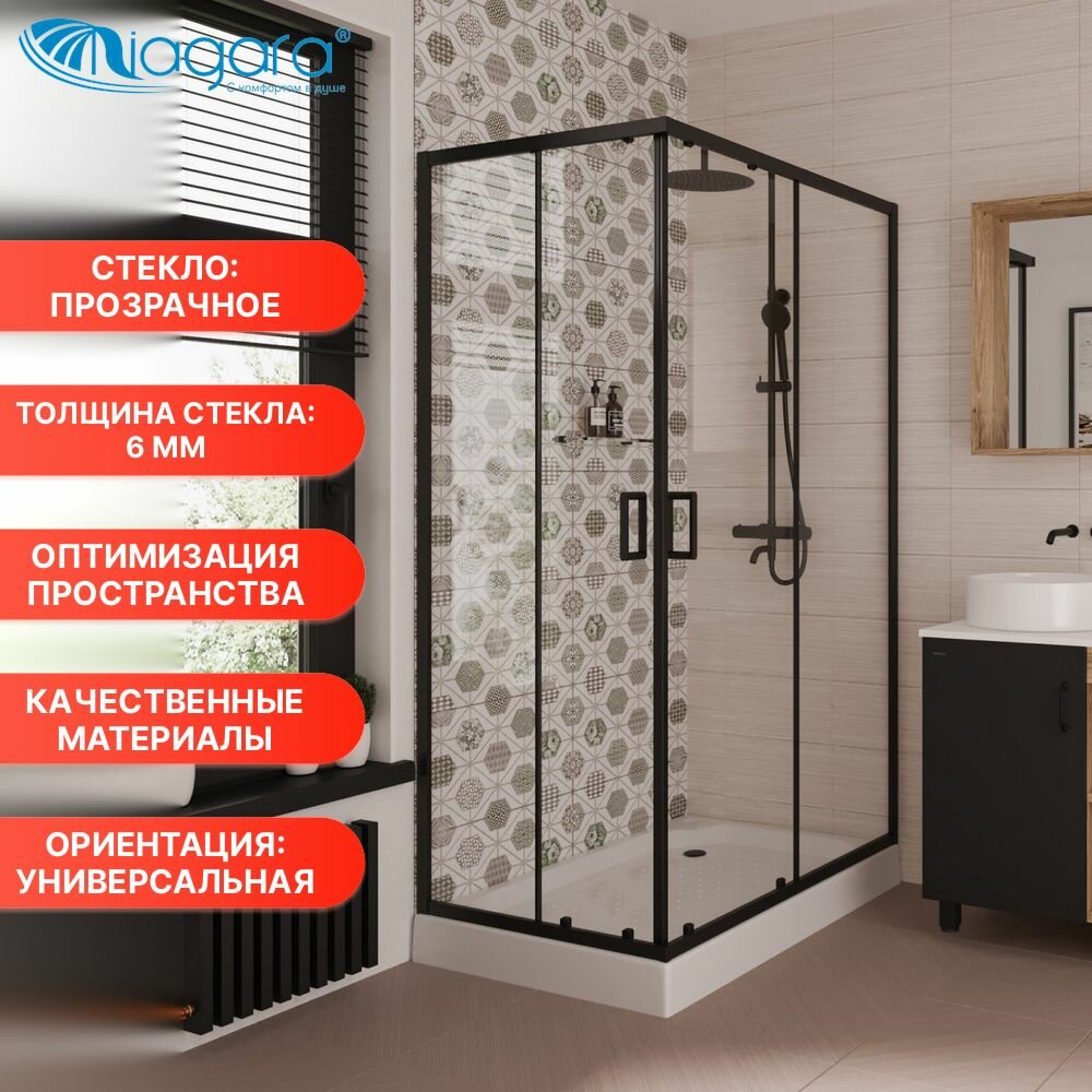 Душевой уголок Niagara Nova NG-6810-08 BLACK 120x80 без поддона стекло прозрачное, стекло закаленное, профиль черный, универсальная — фото 1
