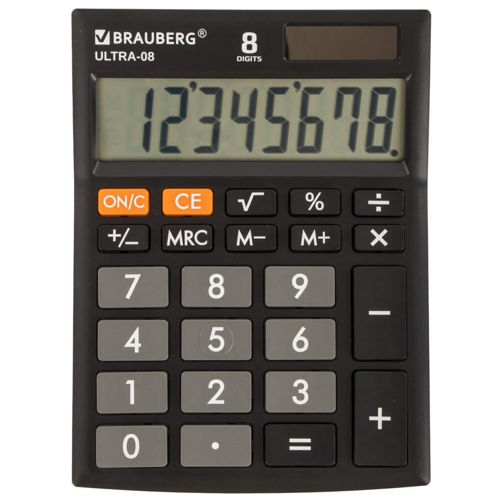 Калькулятор настольный BRAUBERG ULTRA-08-BK, компактный (154x115 мм), 8 разрядов, двойное питание, черный, 250507
